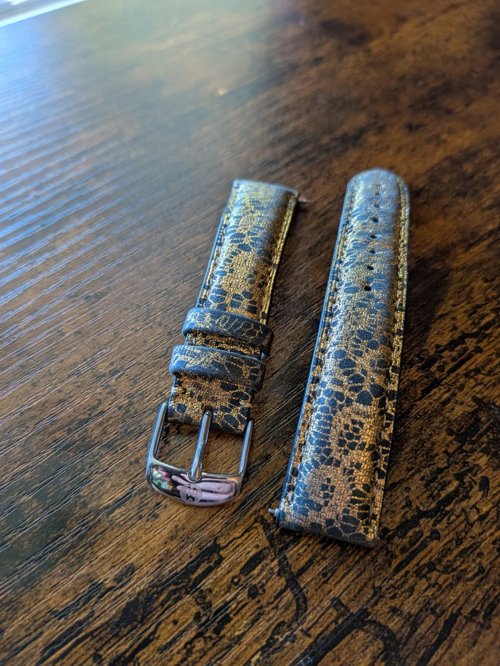 Michele Leather Watch Band In Black And Gold Lace Design